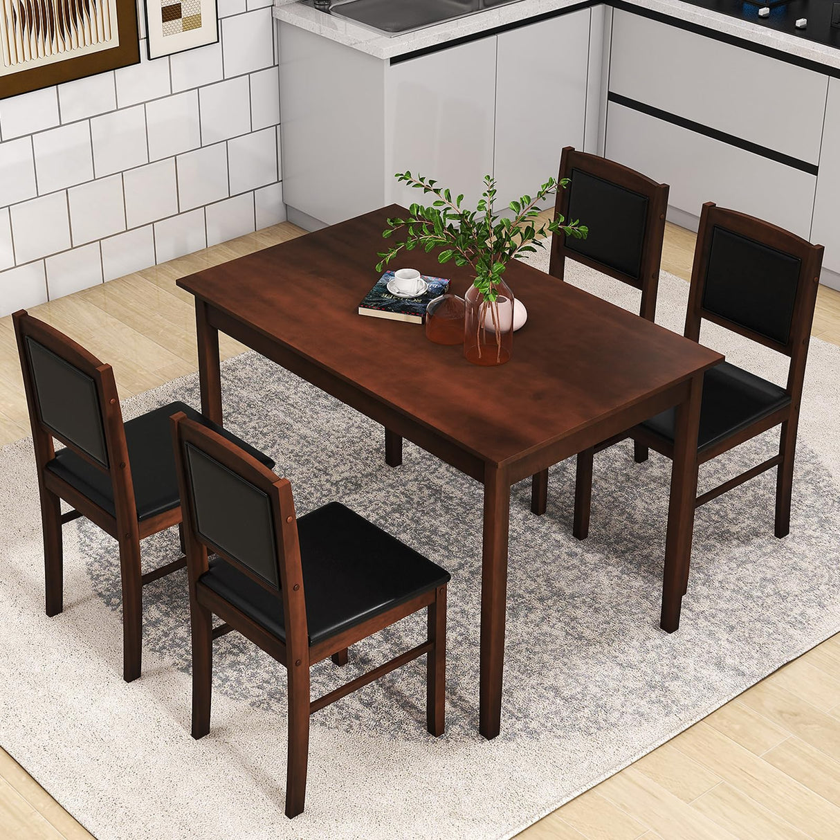 Tangkula Dining Table Set for 4, Solid Wood, Farmhouse Dinette Set w/Rubber Wood Legs, Upholstered Seat & Padded Backrest, Modern Dining Table and Chairs Set for Kitchen, Dining Room (Reddish Brown) Tangkula