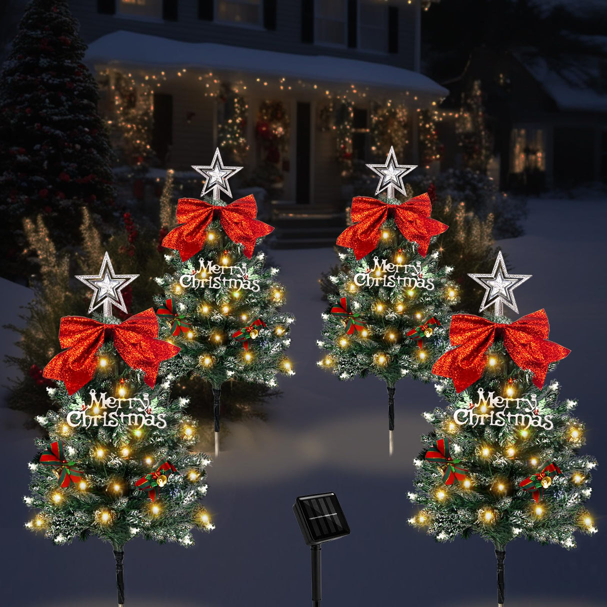 4 Pack Christmas Tree Solar Pathway Lights Outdoor Decorations, Waterproof Artificial Mini Xmas Tree Stake Lights with DIY Ornamets for Garden Yard Porch Decor (Snowy Tree) TAILERRI