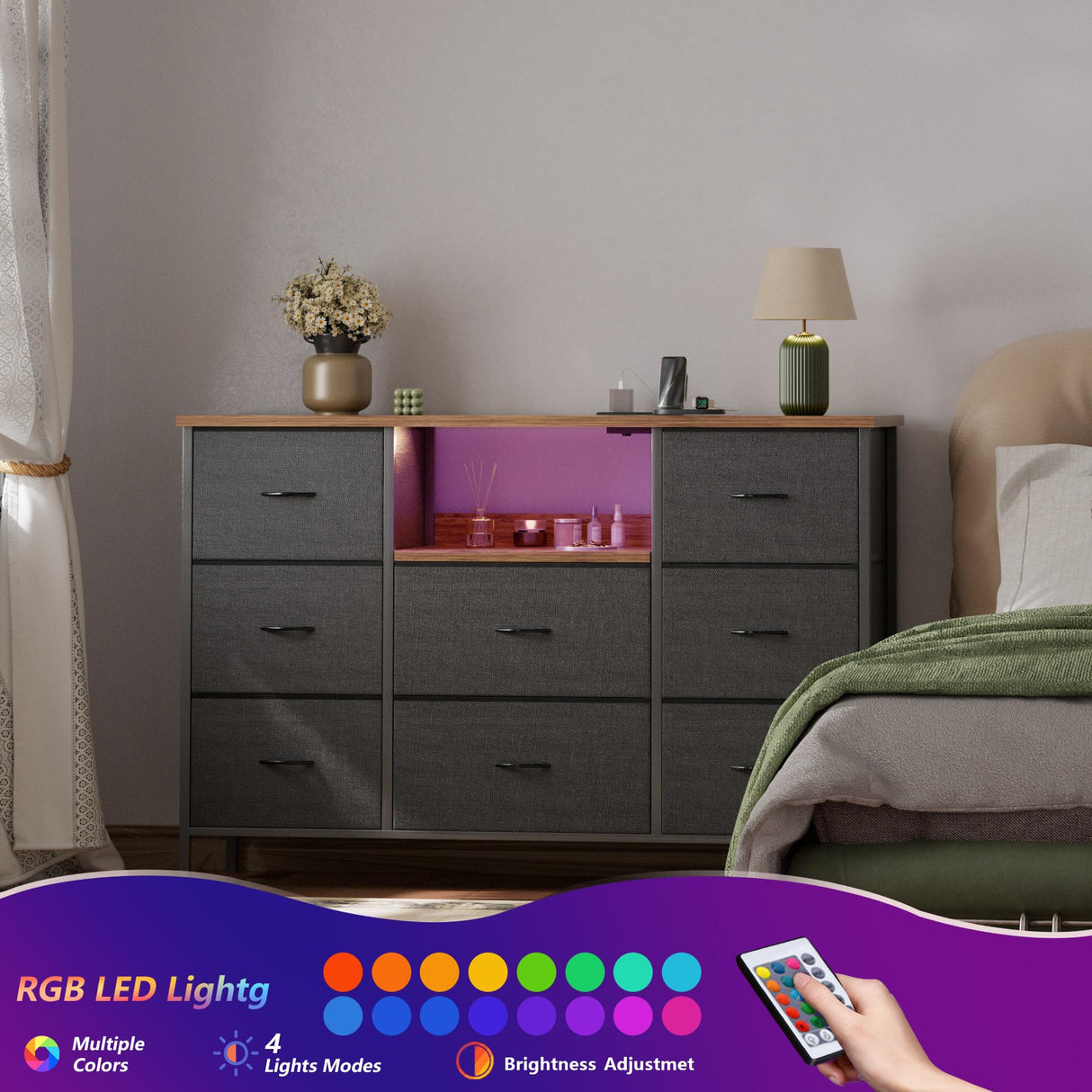 VASICAR Black Dresser with LED Lights & Power Outlets, Dresser TV Stand with 8 Drawers for 55" TV, Fabric Chest of Drawers for Bedroom, Living Room, Entryway VASICAR