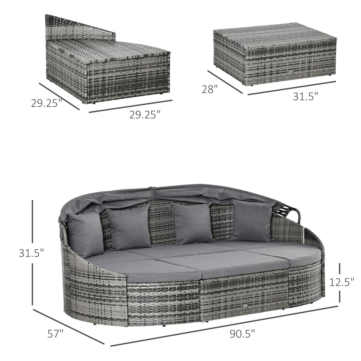 Outsunny 4-Piece Outdoor Rattan Furniture Set, Round Convertible Patio Daybed or Sunbed, Sectional Sofa with Canopy, Pillows, Cushions, Footrest, Table, PE Plastic Wicker, Gray Outsunny