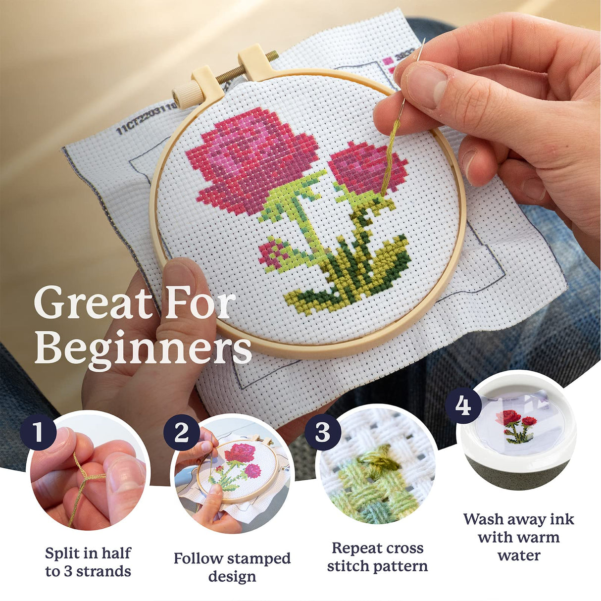 Kraftex Stamped Cross Stitch Kits for Beginners (Flower Theme - 6.75 Inch - 4 Pack 1 x Embroidery Hoop) Embroidery Needlepoint Patterns for Adults, Includes Poppy, Rose, Sunflower and Pansy Kraftex