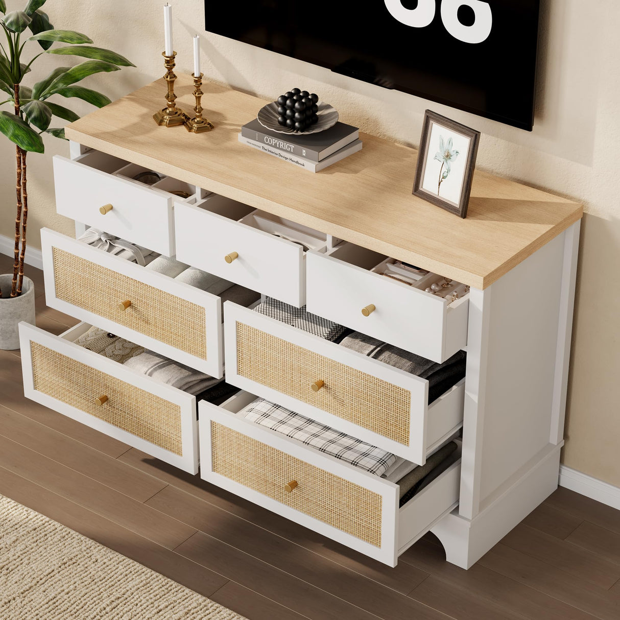 IDEALHOUSE 7 Drawer Dresser for Bedroom, 47.3" Wide Natural Rattan Chest of Drawers, Wood Boho Clothing Storage Organizer, Dresser TV Stand Cabinet for Living Room, White IDEALHOUSE