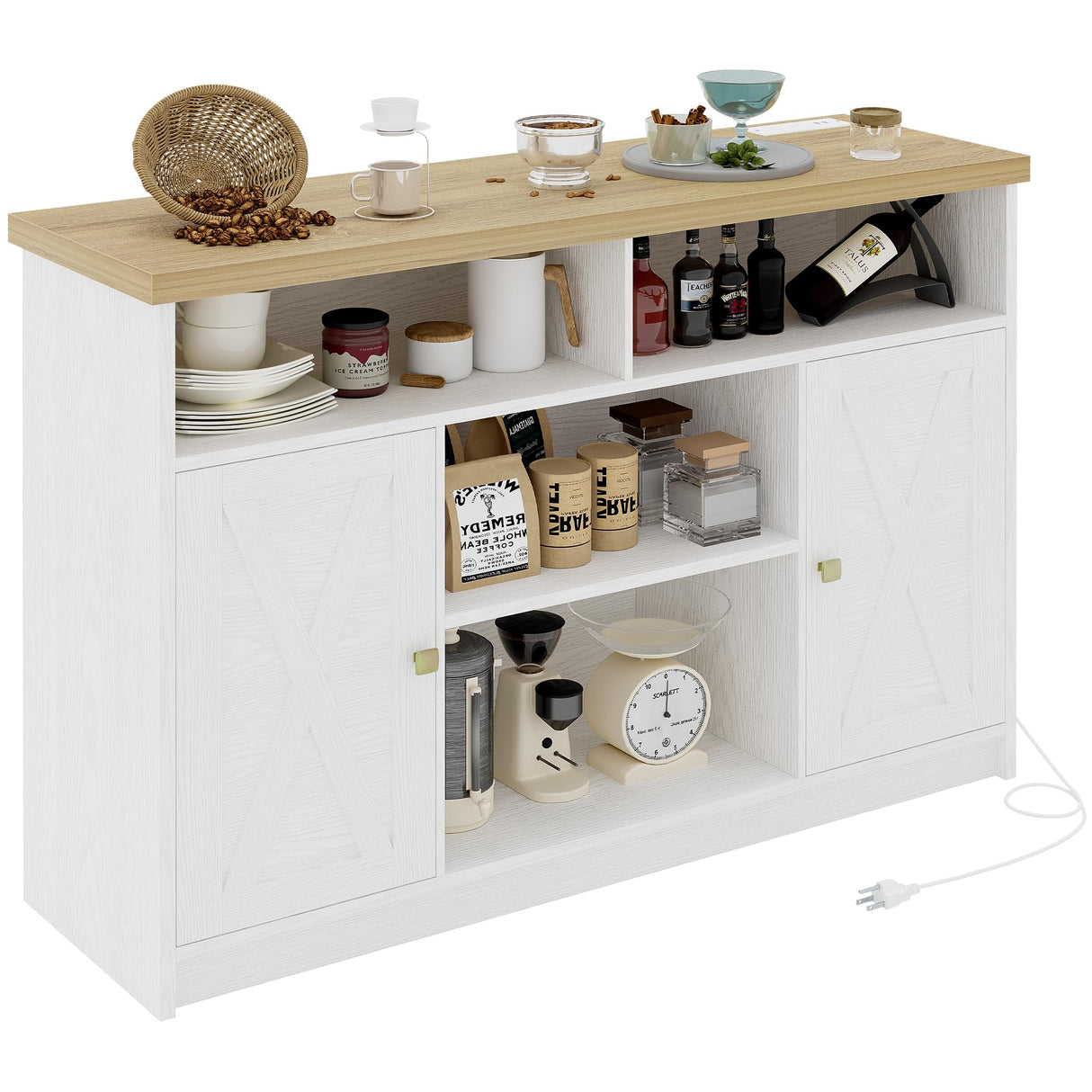 IRONCK Coffee Bar Cabinet with Power Strip, 47" Storage Cabinet with Barn Doors and Thickened Top Board, White Sideboard, Buffet for Dinning Room, Kitchen, Living Room IRONCK