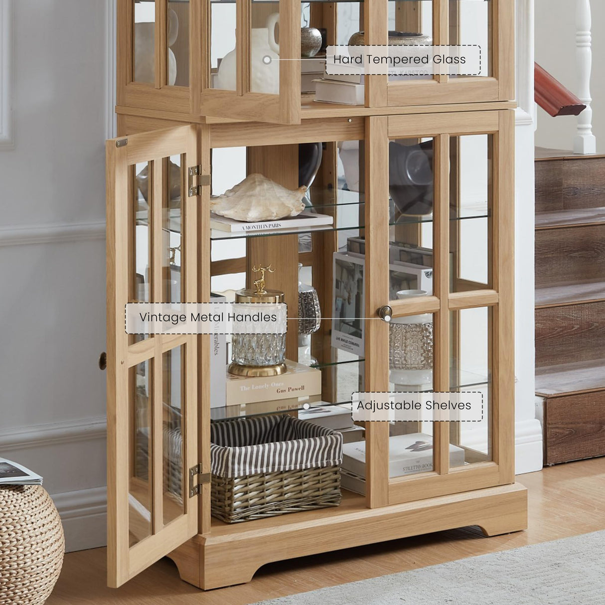 Eyisean Lighted Display Curio Cabinet 69" H China Cabinet with 4 Glass Doors, 6 Shelves, Freestanding Glass Display Cage Wine Cabinet Storage Rack for Bar and Liquor Storage (Oak) Eyisean