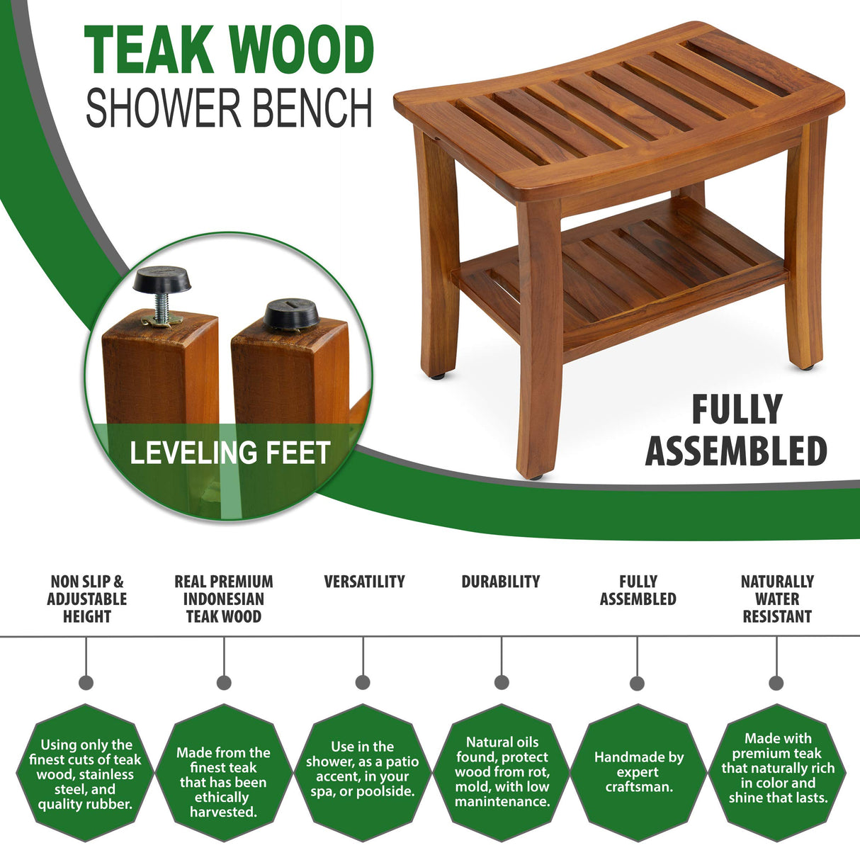 TeakCraft Teak Shower Bench with Shelf 21 Inch, Fully Assembled Teak Wood Shower Stool & Spa, Shower Bench for Elderly, Indoor and Outdoor Use, The Hermod TeakCraft