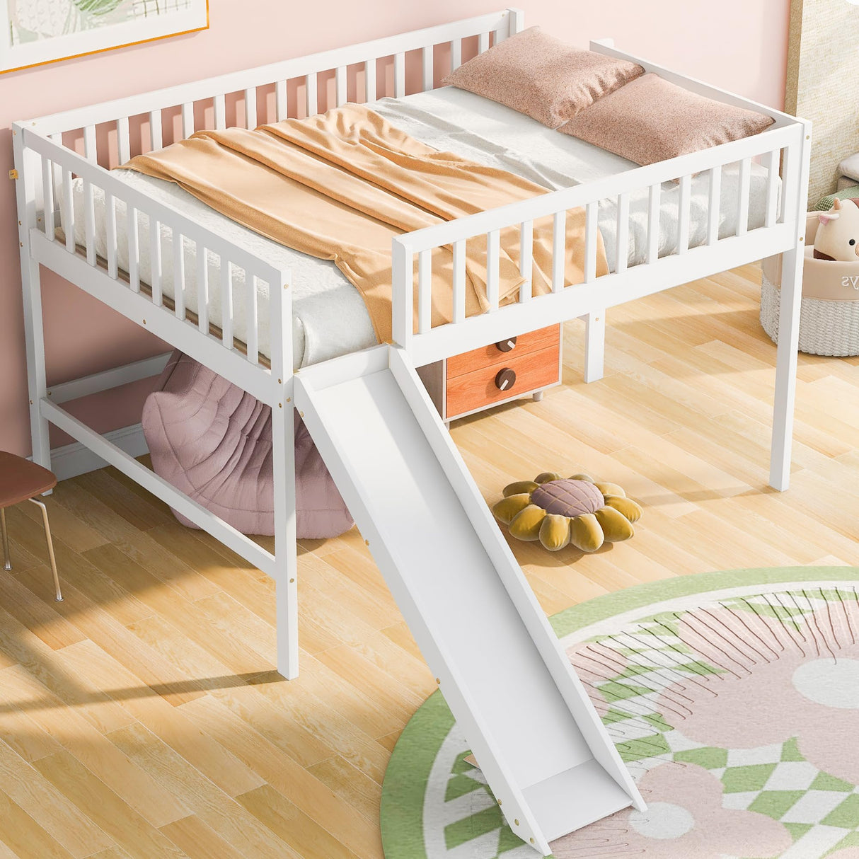 Harper & Bright Designs Full Size Low Loft Bed with Slide, High Guardrail & Ladder, Kids Wooden Full Loft Bed Frame for Girls,Boys, No Box Spring Needed, White Harper & Bright Designs