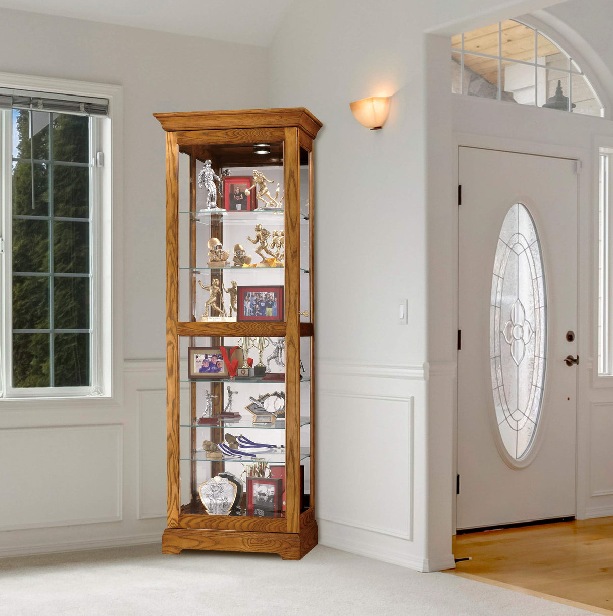 Howard Miller Moorland Curio Cabinet – Lighted Wooden Curio Cabinet with Adjustable Shelves Mirrored Back Locking Beveled Glass Door No Reach Interior Light Switch Quality Office & Home Decor Howard Miller