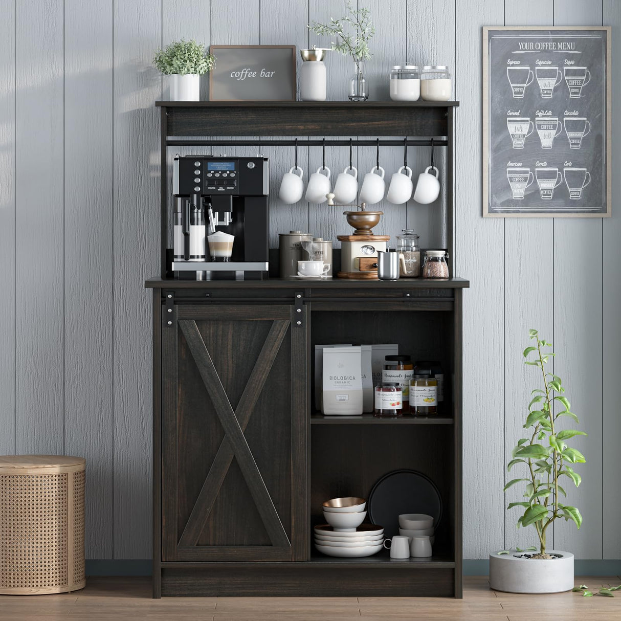 4ever2buy Farmhouse Coffee Bar Cabinet with Sliding Barn Door, 50'' Farmhouse Coffee Bar with 6 Hooks, Coffee Bar with Hutch for Living Dining Room, Dark Oak 4ever2buy