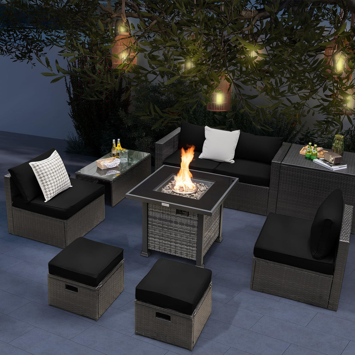 Tangkula 9 Pieces Patio Furniture Set with 50,000 BTU Propane Fire Pit Table, Outdoor Wicker Space-Saving Sectional Sofa Set with Storage Box, 32” Square Gas Fire Pit (Black) Tangkula