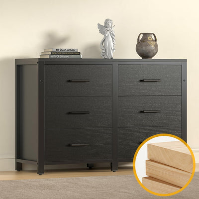 Frmobepts 6 Drawer Dresser, Natural Wood Dresser, 47" Wood Dresser, Natural Wooden Dresser Furniture, Wooden Dressers for Bedroom (Classic Black)
