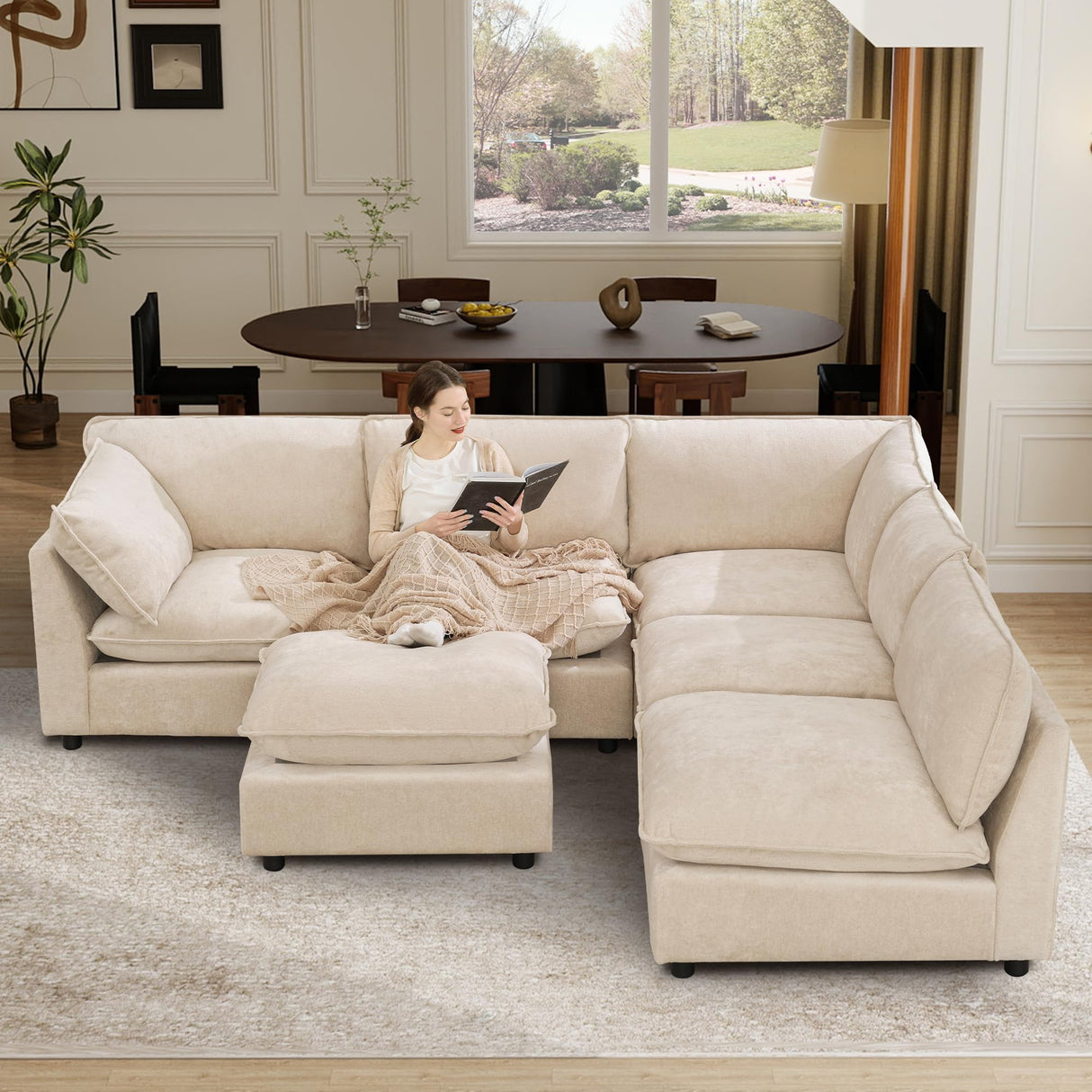 Tbfit Oversized Modular Sectional Sofa, Chenille Cloud Couch Deep Seat, 6-Seater Modular Sofa Couch for Living Room, Beige Tbfit