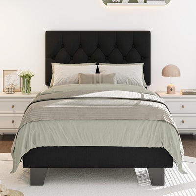 iPormis Upholstered Twin Size Bed Frame with Button Tufted Headboard, Linen Platform Bed with Thickened Support Legs, Padding Edge Design/Noise-Free/No Box Spring Needed, Black