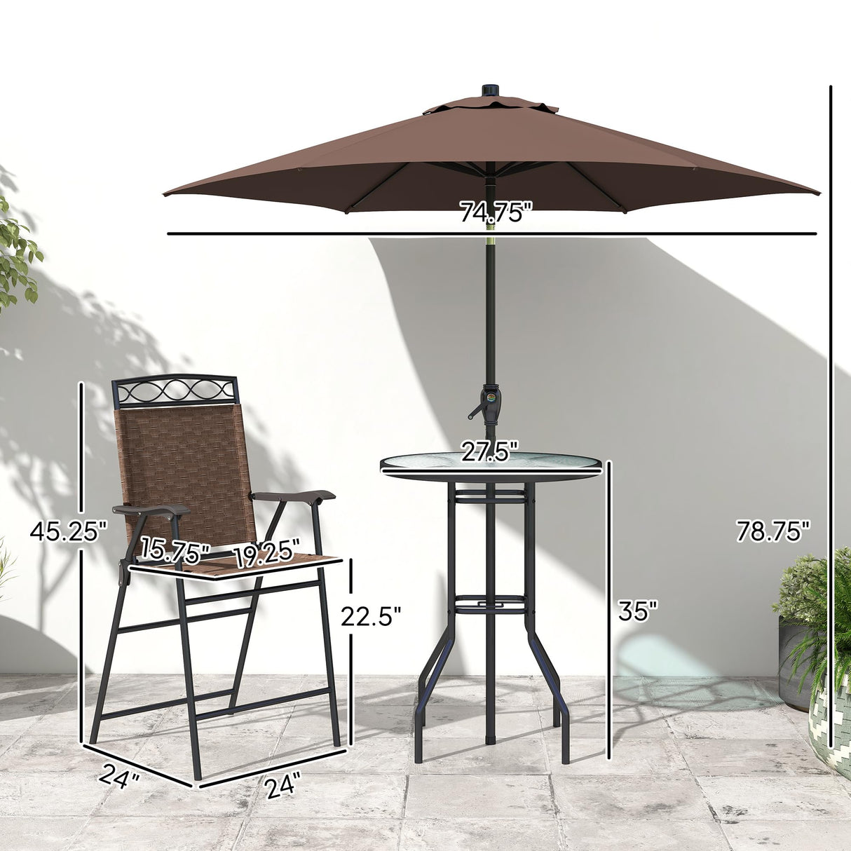Outsunny 4 Piece Outdoor Bar Set with Umbrella, Patio Dining Set with 2 Folding Chairs, Wave Textured Tempered Glass Table for Backyard, Garden, Deck, Poolside, Brown Outsunny