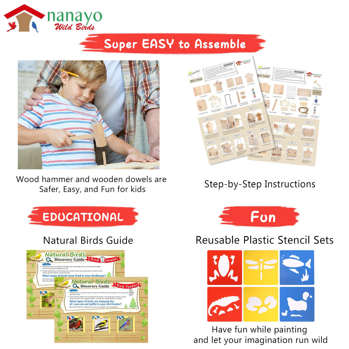 nanayo Wild Birds DIY Bird House Kit for Kids to Build - Birdhouse and Bird Feeder Wood Building Kits with Hanging Chain and Rope, Mallet, Paints and Brushes, Sandpaper, Glue and Bird Discovery Guide nanayo