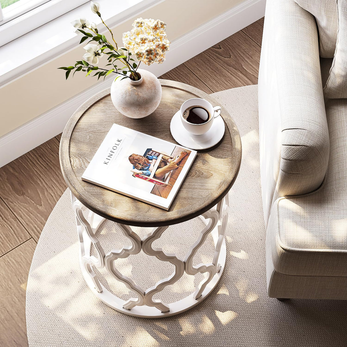 karlott Farmhouse End Table, 18.5'' French Country Round Side Table, Distressed Tray Top Side Table with Curved Motif Frame Base for Boho, End Tables Living Room, Bedroom, Small Space, Easy Assembly karlott