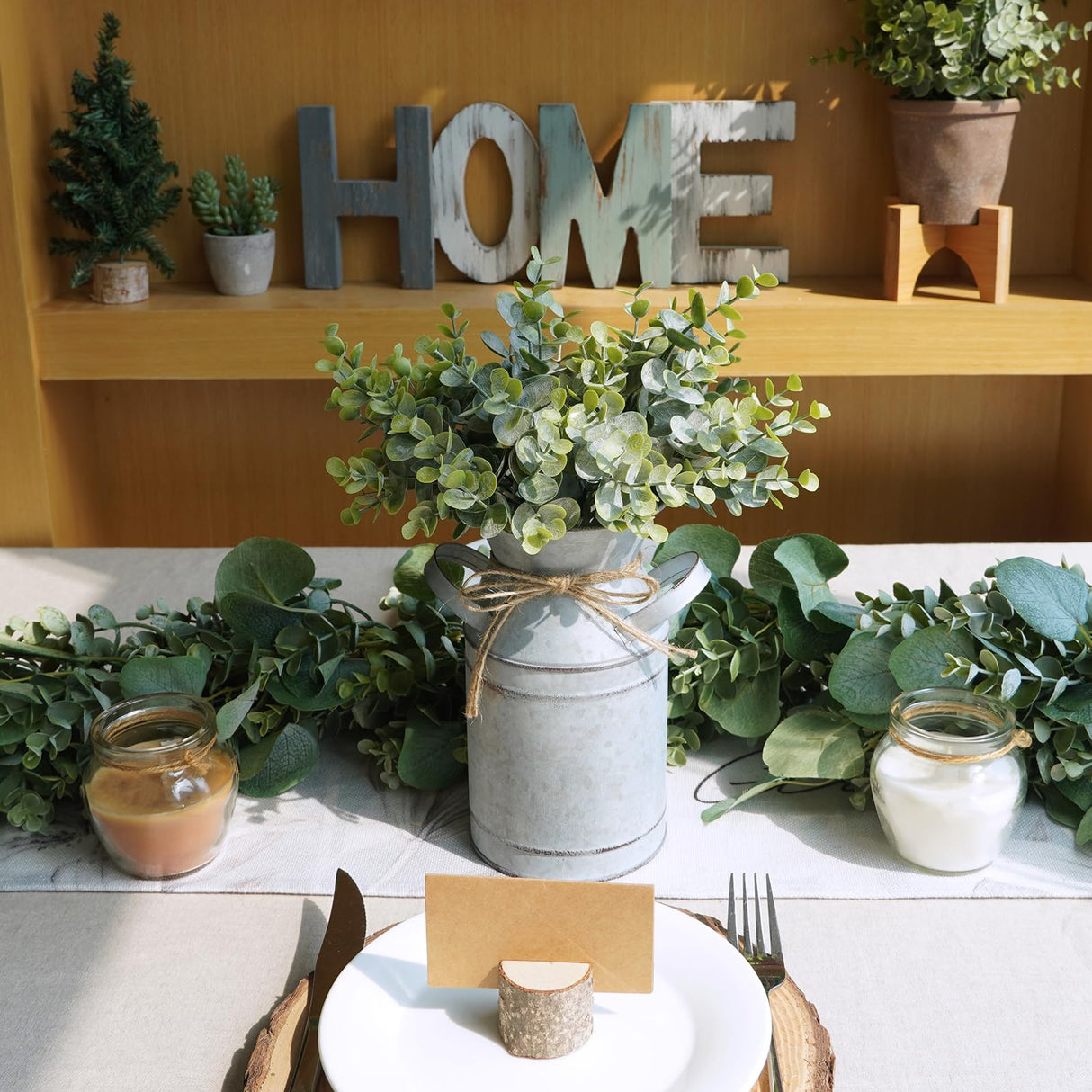 Winlyn Farmhouse Galvanized Metal Milk Can with Artificial Eucalyptus Greenery Arrangement Fake Plants Farmhouse Centerpieces 11.8" Tall for Rustic Country Wedding Home Table Tiered Tray Shelf Décor Winlyn