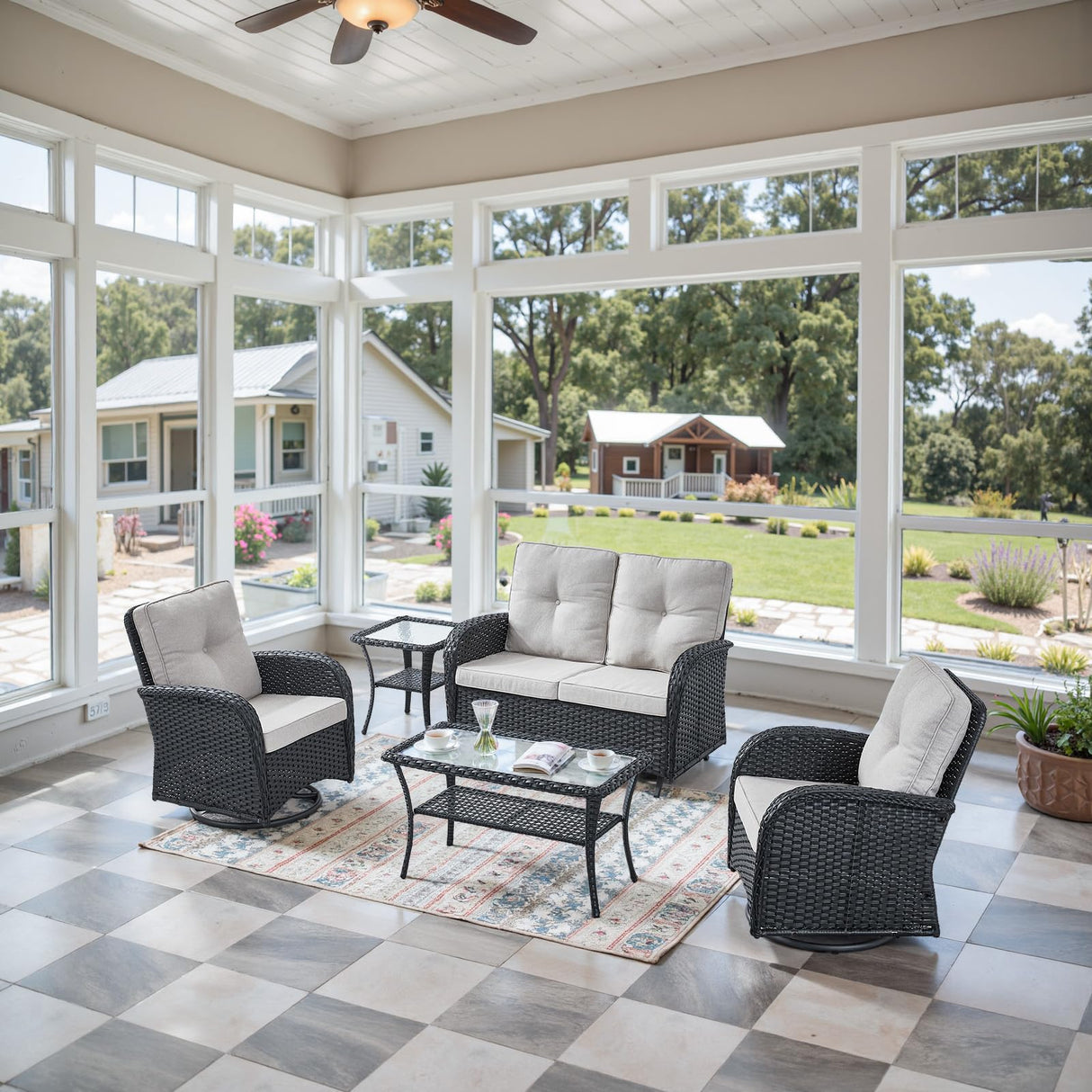 Belord Outdoor Glider Bench Patio Loveseat - 500 Lbs Weight Capacity 2 Seater Wicker Sofa, Small Porch Glider Furniture All Weather Rattan Couch with Removble Cushion for Balcony Deck Backyard, Black Belord