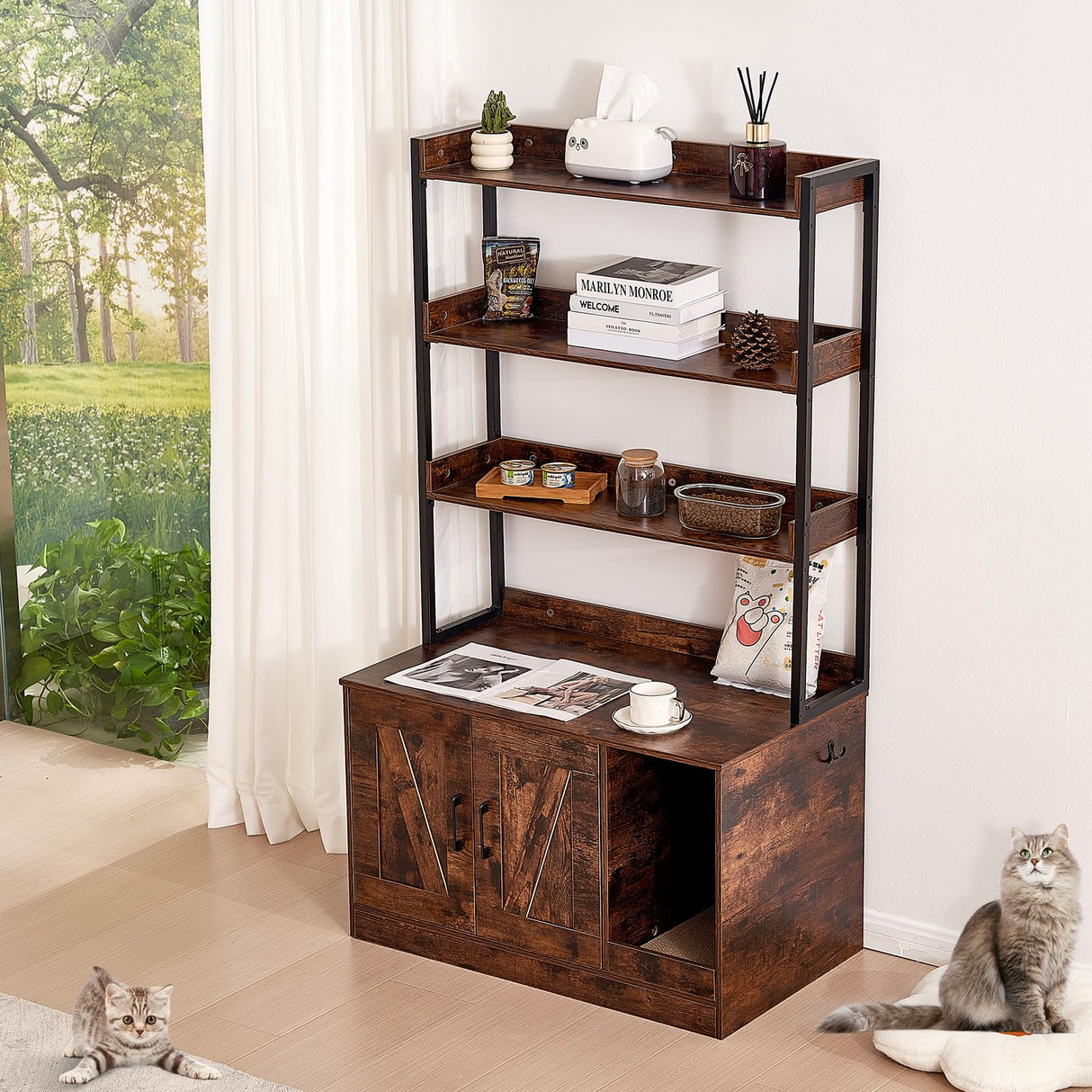 VEVOR Cat Litter Box Enclosure, Hidden Litter Box Furniture with 3 Storage Shelves, Wooden Cat Washroom Indoor, Large Cat House Cabinet Hidden Fit Most Litter Box, 33.5"L x 19.3"W x 58.7"H, Dark Brown VEVOR