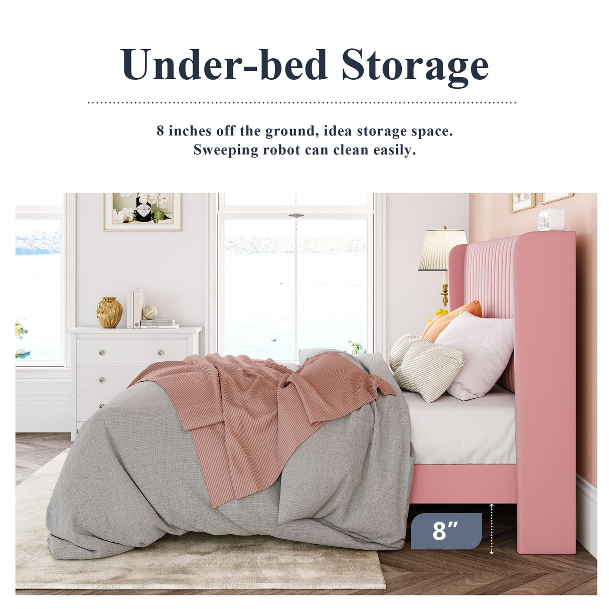 Allewie Full Size Velvet Bed Frame/Vertical Channel Tufted Wingback Headboard/Upholstered Platform Bed/Strong Wooden Slats/No Box Spring Needed/Easy Assembly/Pink Allewie