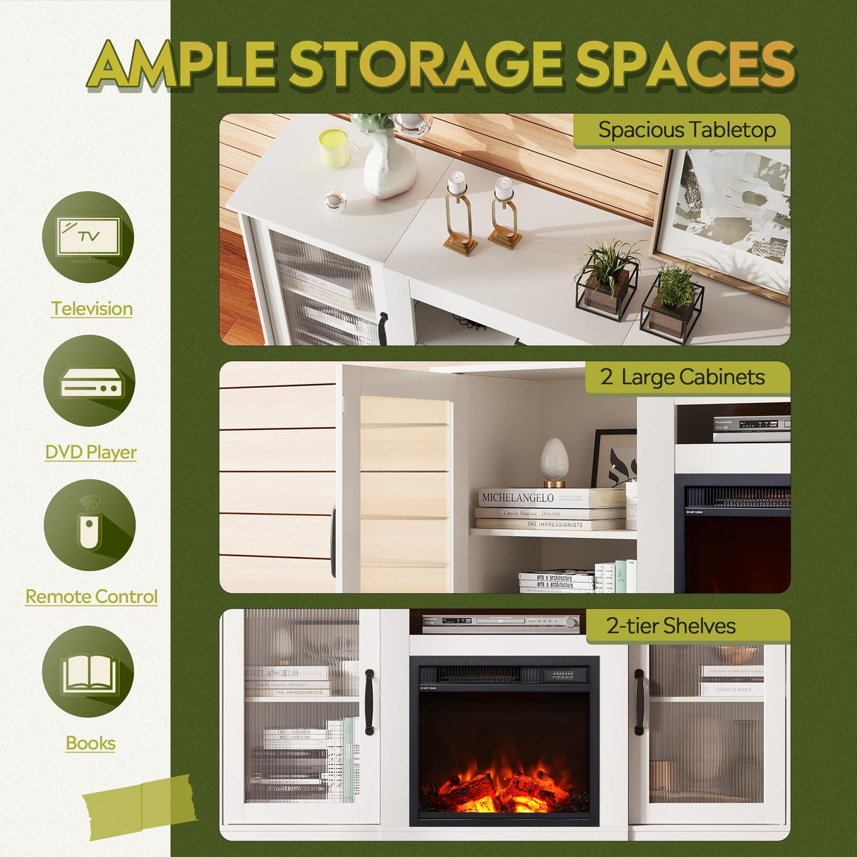 WLIVE Fireplace TV Stand for 65" TV, Entertainment Center with 18 Inch Electric Fireplace, TV Console with Open Shelves for Living Room and Bedroom, White WLIVE