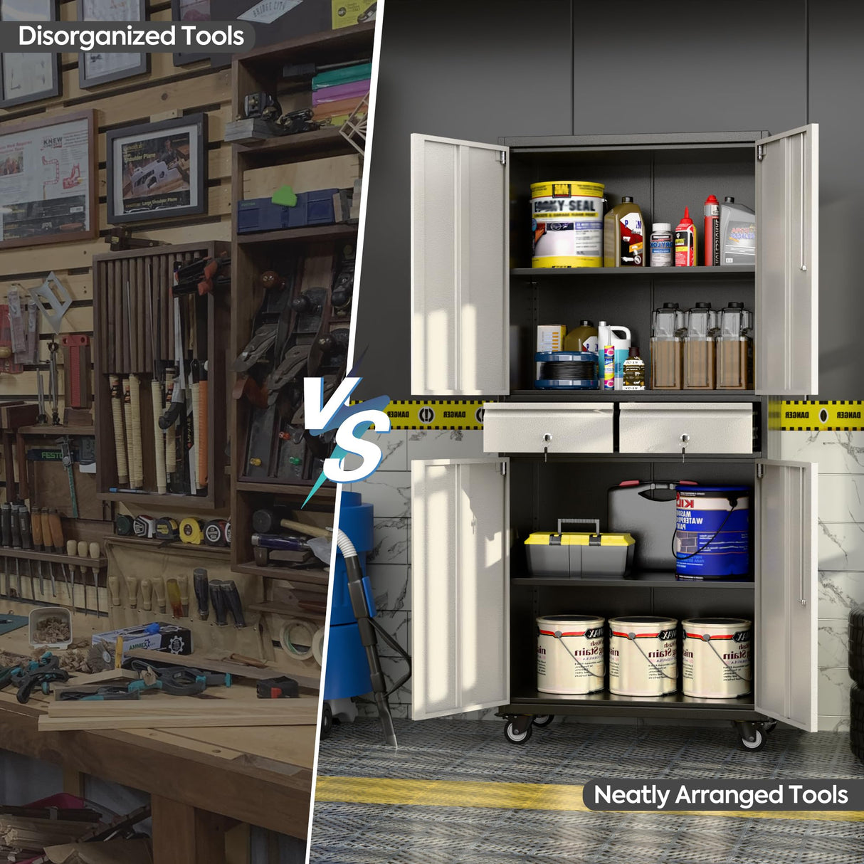 SUXXAN 71" Tall Metal Garage Storage Cabinet with 4 Wheels and 2 Drawer, Rolling Tool Storage Cabinet with Locking Doors and Adjustable Shelves,Heavy Duty Steel Tool Cabinet for Garage, Warehouse SUXXAN