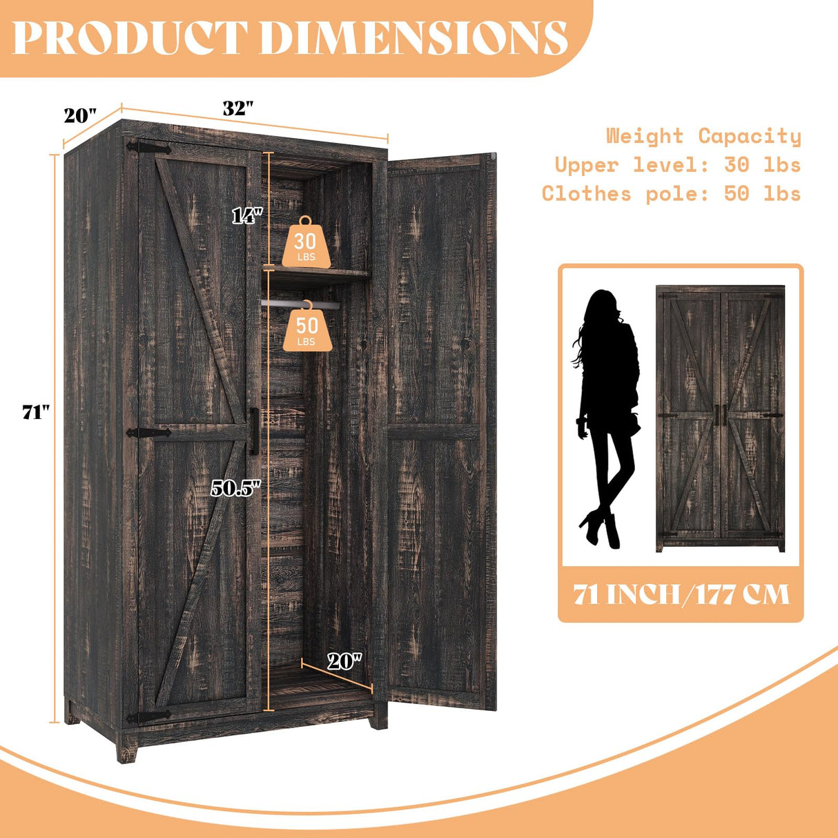 AMERLIFE Farmhouse Armoire Wardrobe Closet with 2 Barn Doors, 71'' Storage Cabinet with Hanging Rod & Shelf, Versatile Clothing Storage for Bedroom, Black Walnut AMERLIFE