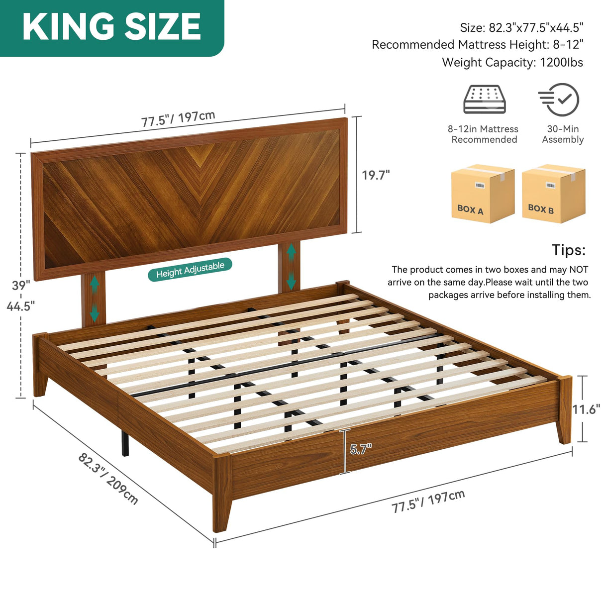 DWVO King Size Bed Frame with Adjustable Headboard, Farmhouse Wood Bed Frame with Solid Wood Slats Support, No Box Spring Needed, 12 Strong Wood Slat Support, Easy Assembly, Rustic Brown DWVO