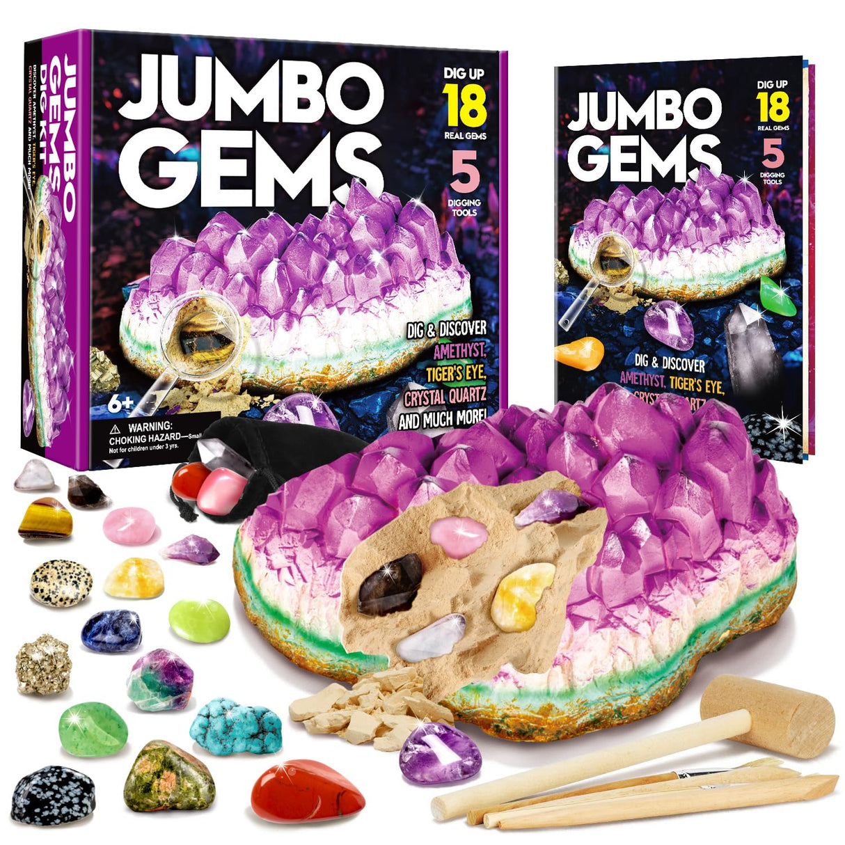XXTOYS Gemstone Dig Kit - Dig Up 18 Real Gemstones and Crystals - Science Kits for Kids, STEM Toys for Age 6-8, Great Educational Geology Gifts for Boys & Girls Ages 5-7 XX