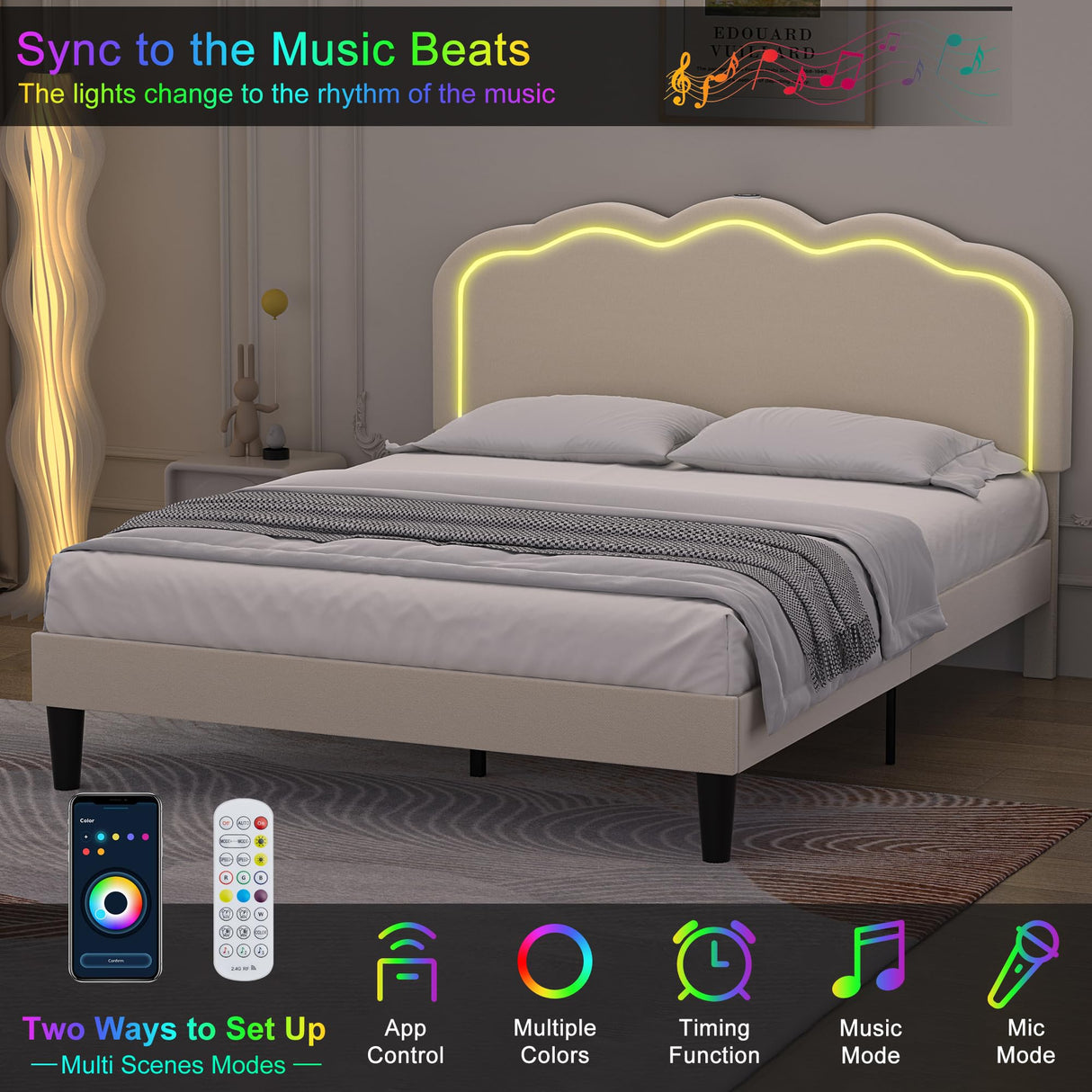 VECELO Adjustable Upholstered Queen Bed Frame with LED Lights, USB Ports, and Velvet Finish in Beige VECELO