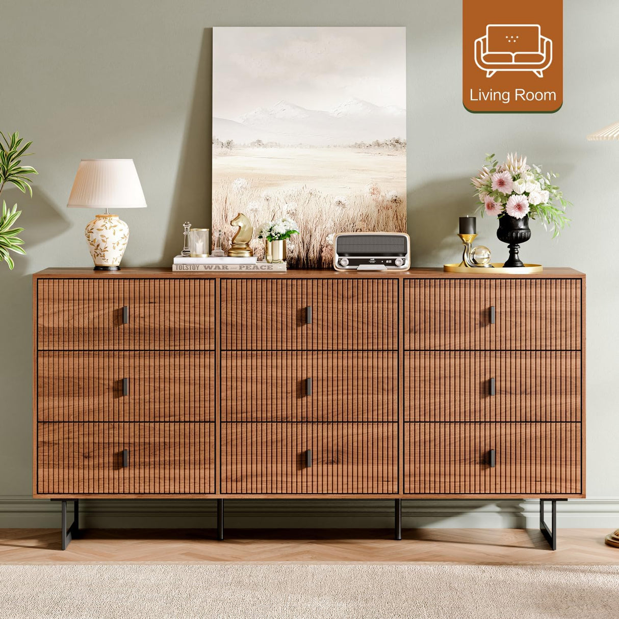 Chrangmay Modern Chest of Drawers with 9 Drawers,Deep Drawers,Clothes Organizer,Large Storage Cabinet for Living Room, Bedroom,Hallway,with Anti-Tipping Device, Walnut. Chrangmay