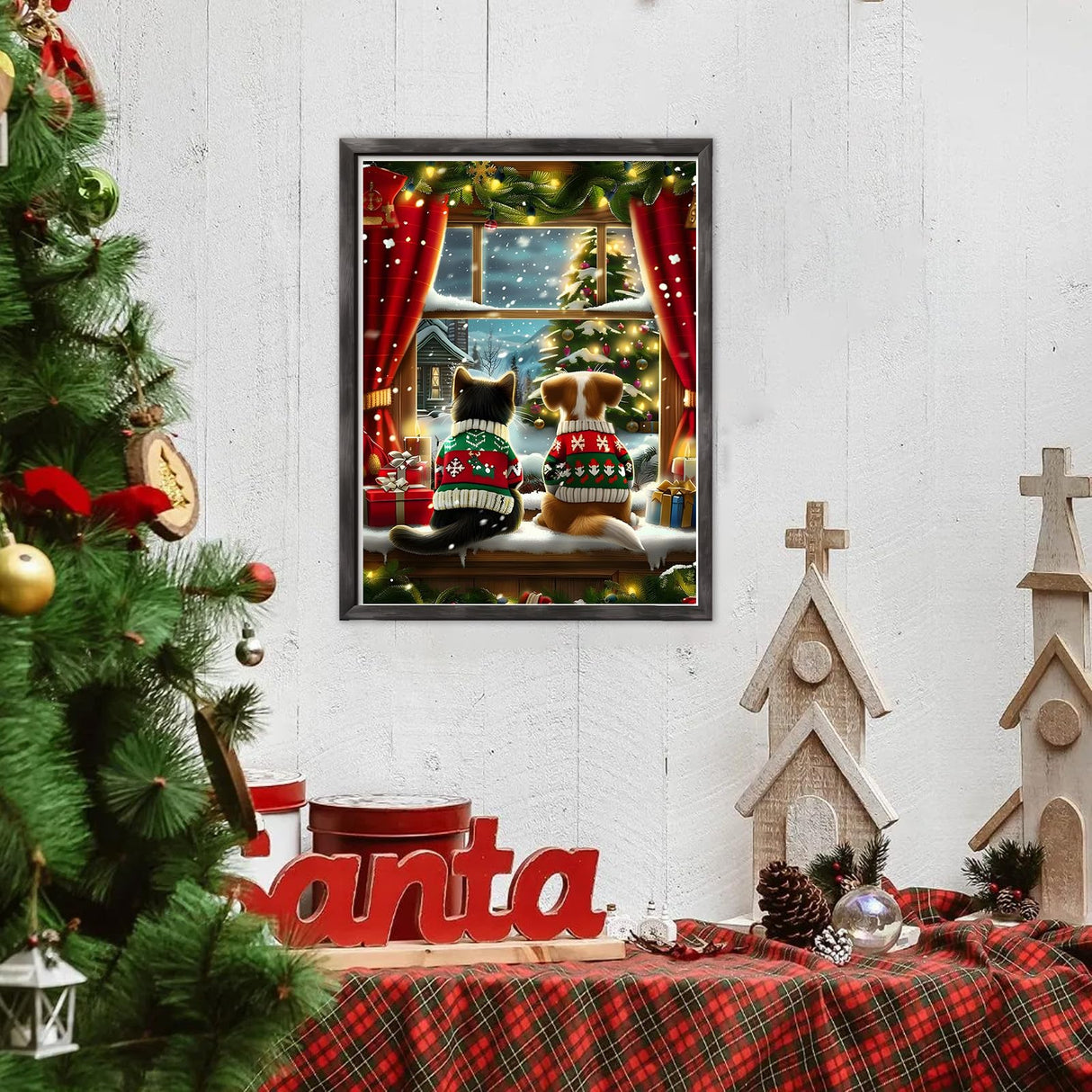 DOMROM Christmas Diamond Painting Kits, Dog and Cat 5D Diamond Art Kits,Gem Art Painting with Diamonds Dots, Arts and Crafts for Beginners Adult Wall Decor 12 x 16inch DOMROM