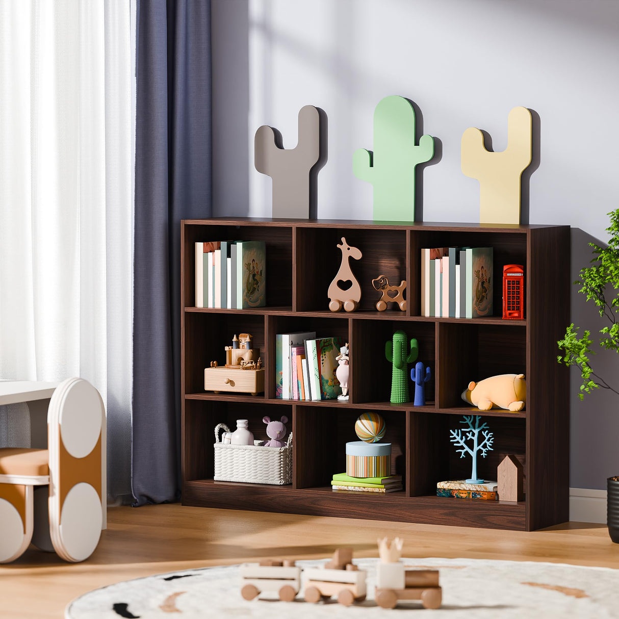 Cozy Castle Brown Bookshelf, 3-Tier Open Shelf Bookcase, 10 Cube Storage Organizer with Anti-Tilt Device for Bedroom, Living Room, 55.11" W x 11.61“D x 40.94“H Cozy Castle