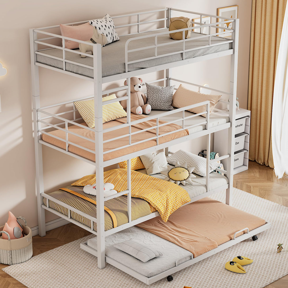 Metal Triple Bunk Bed Twin Over Twin Over Twin, Triple Bunk Bed with Trundle, 3-Tier Bunk Bed with 2 Ladders and Guardrails, Triple Bunk Beds for Kids(White Twin) Bellemave