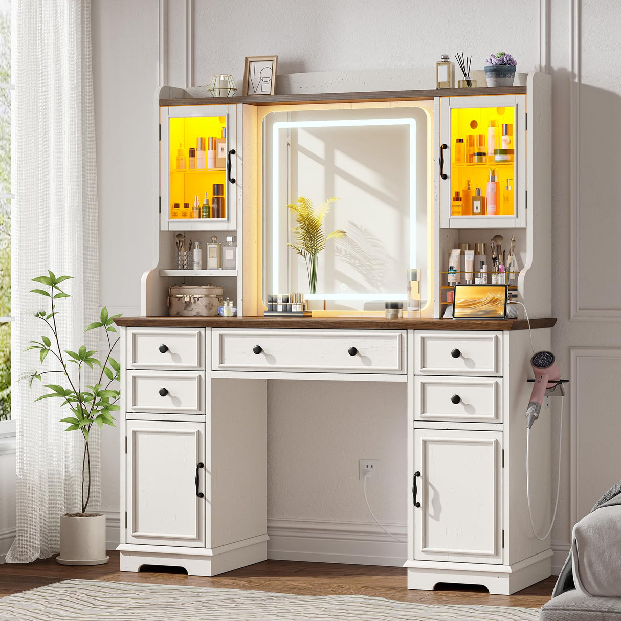 EnHomee Vanity Desk with Mirror and Lights, 43" White Makeup Vanity Desk with 5 Drawers & 2 RGB Glass Cabinets, Adjustable 3 LED Lights for Bedroom, Farmhouse Dressing Table for Women EnHomee