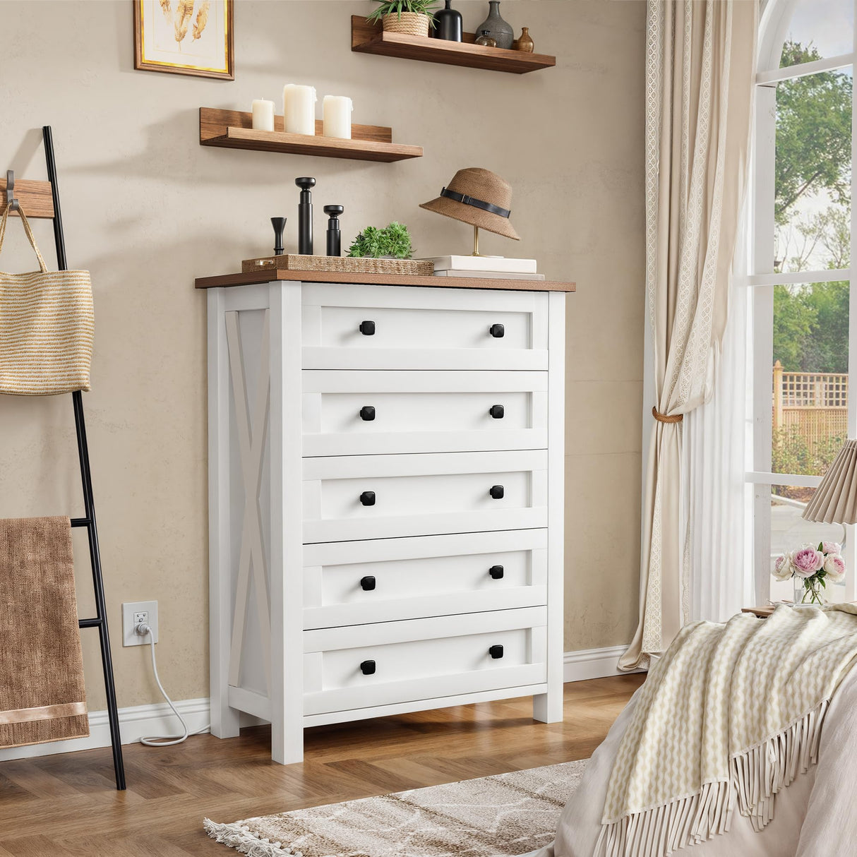 YITAHOME Farmhouse 5 Drawer Dresser for Bedroom with Power Outlets, Modern Tall Nightstand with Deep Drawers, Wood White Closet Dresser for Living Room, Entryway, Hallway YITAHOME