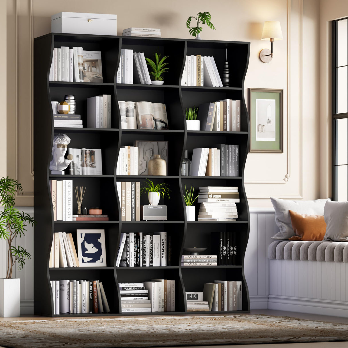 Gyfimoie 71" Triple Wide Bookshelf, 6 Tier Tall Bookcase with Storage, Large Book Shelves with 18 Open Display Shelves, Black Bookcase for Living Room, Study, Home Office, Library (Black) Gyfimoie