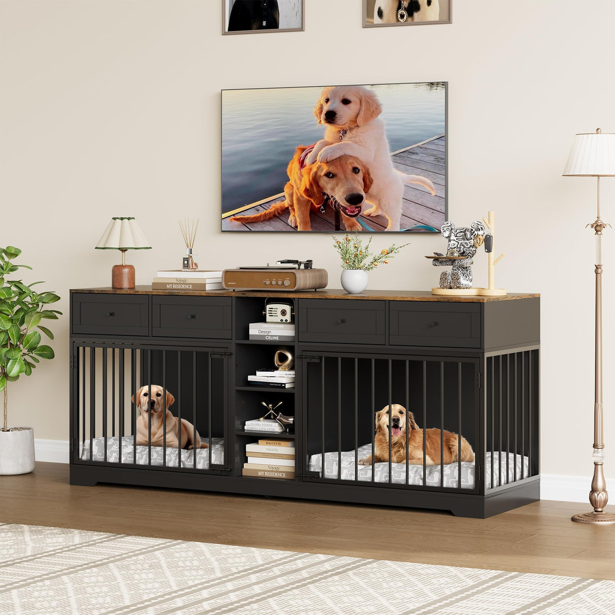 GarveeHome 82” Double Dog Crate Furniture, Large Dog Kennel Indoor for 2 Dogs, Heavy Duty Wooden Dog Crate TV Stand with 4 Drawers and Shelves, Black GarveeHome