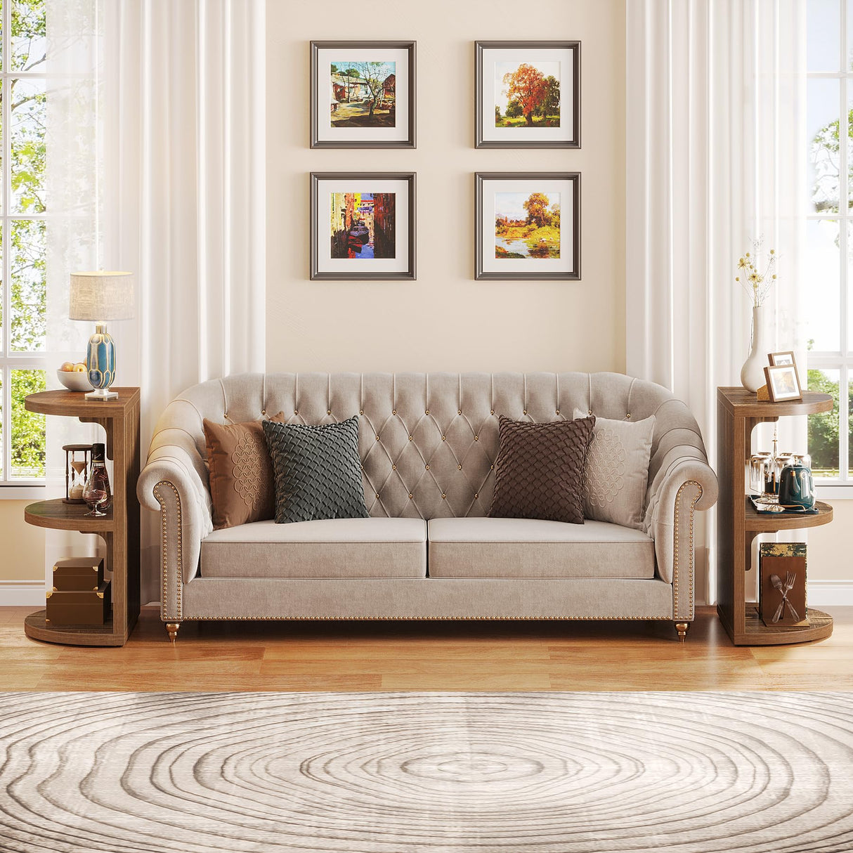 Tribesigns Set of 2 Half Round End Table, 3-Tier Industrial Semi Circle Side Table with Storage, Narrow Wood Sofa Side Table Nightstand Bedside Table Tribesigns