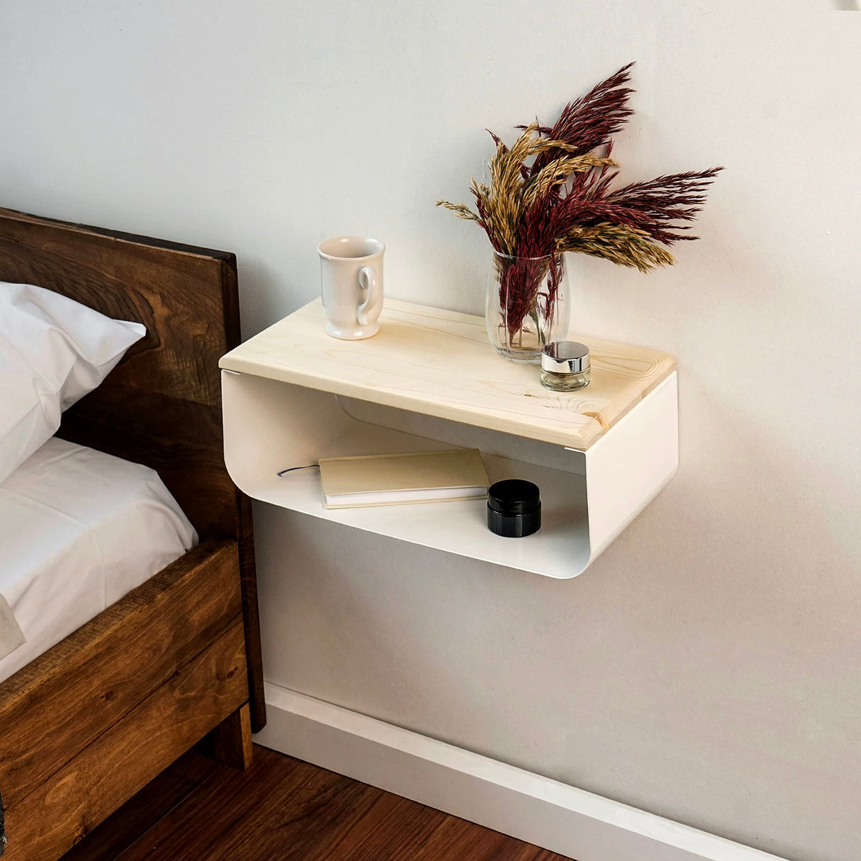 Floating Nightstand with Spruce Top | Modern Bedroom Decor | Minimalist Wall-Mounted Bedside Nightstand| Wall Mounted Shelf | Cloudy Oasis: Serene White Ultimate Premium Products
