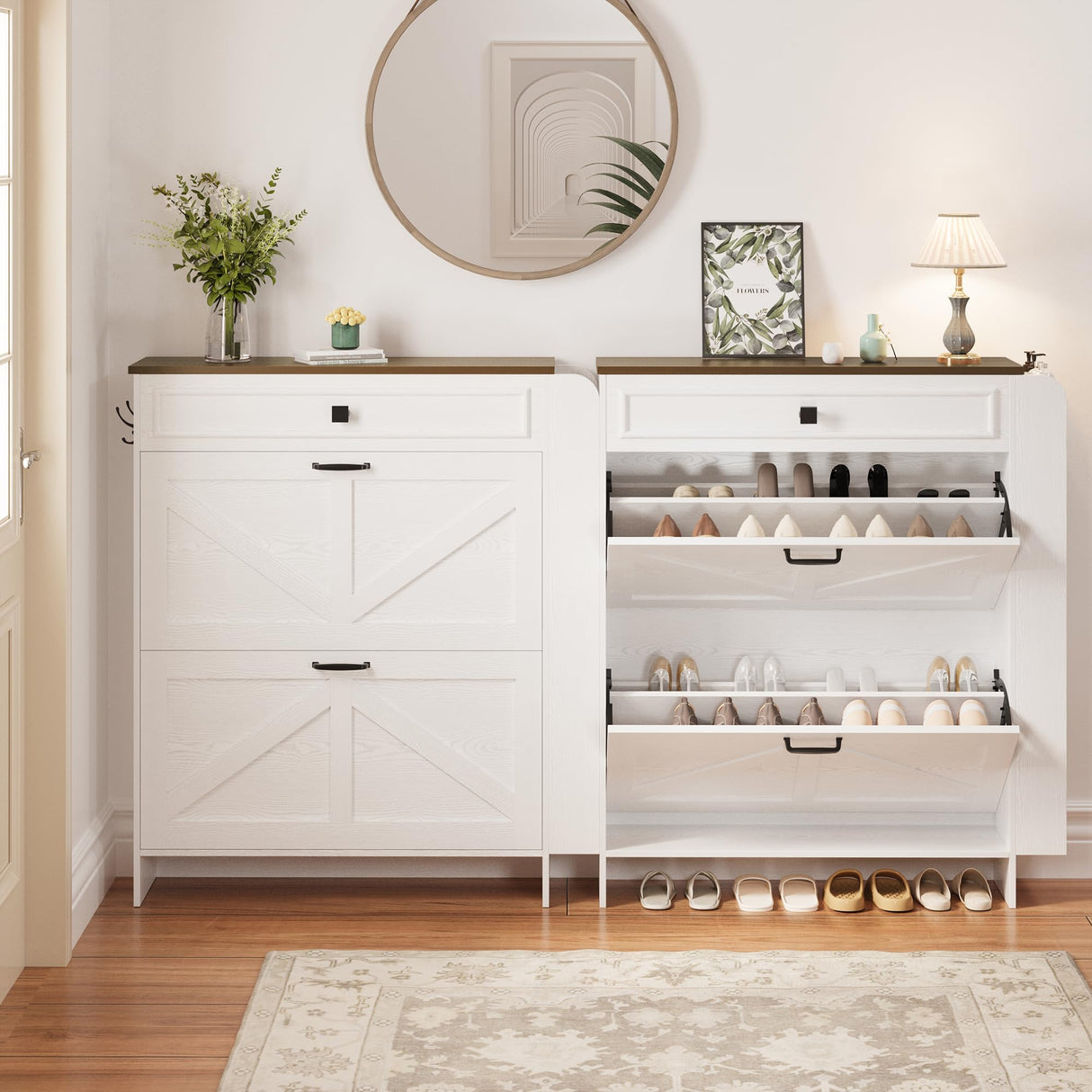 IRONCK Shoe Storage Cabinet with 2 Flip Drawers & Barn Door Design, Freestanding Shoe Cabinet Organizer with Drawer and Shelves for Entryway, Farmhouse Shoe Rack Cabinet, White/Walnut IRONCK