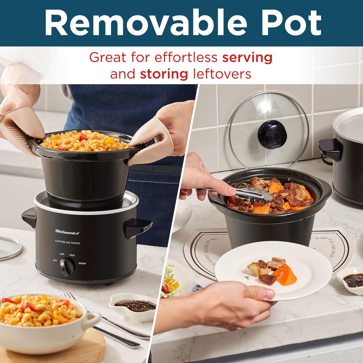 Elite Gourmet MST239X Electric Round Slow Cooker, Adjustable Temp, Entrees, Sauces, Stews & Dips, Dishwasher Safe Glass Lid & Crock, 2 Quart, Black Elite Gourmet