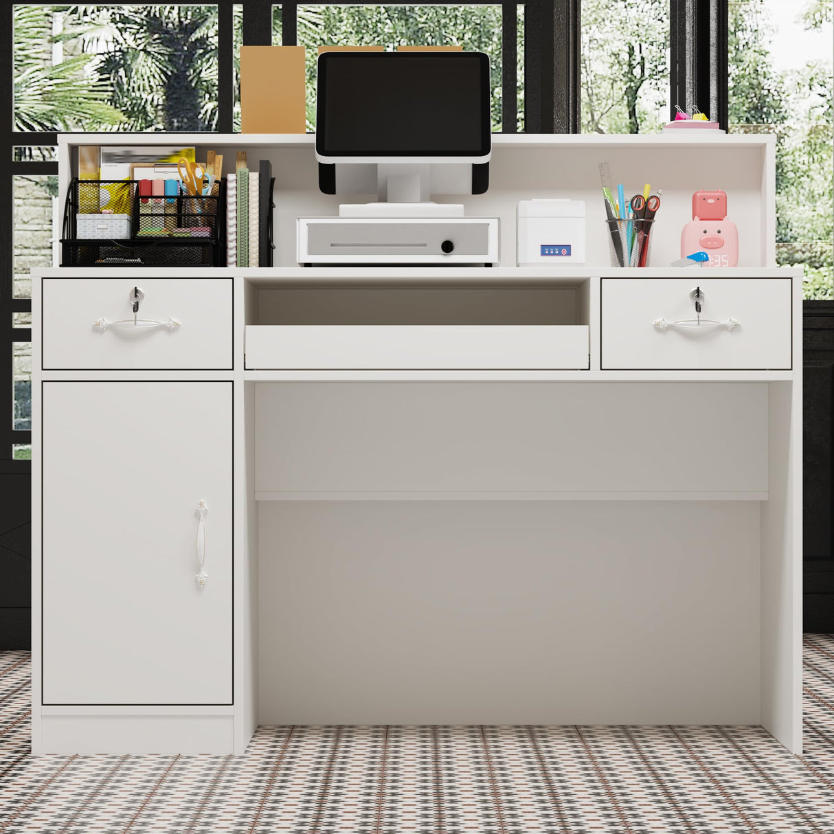 AGOTENI 47.2" W Reception Desk Front Desk with Counter, Light & Lockable Drawers, Modern Retail Checkout Counter with Keyboard Tray & Side Cabinet for Lobby Store Salon, White AGOTENI