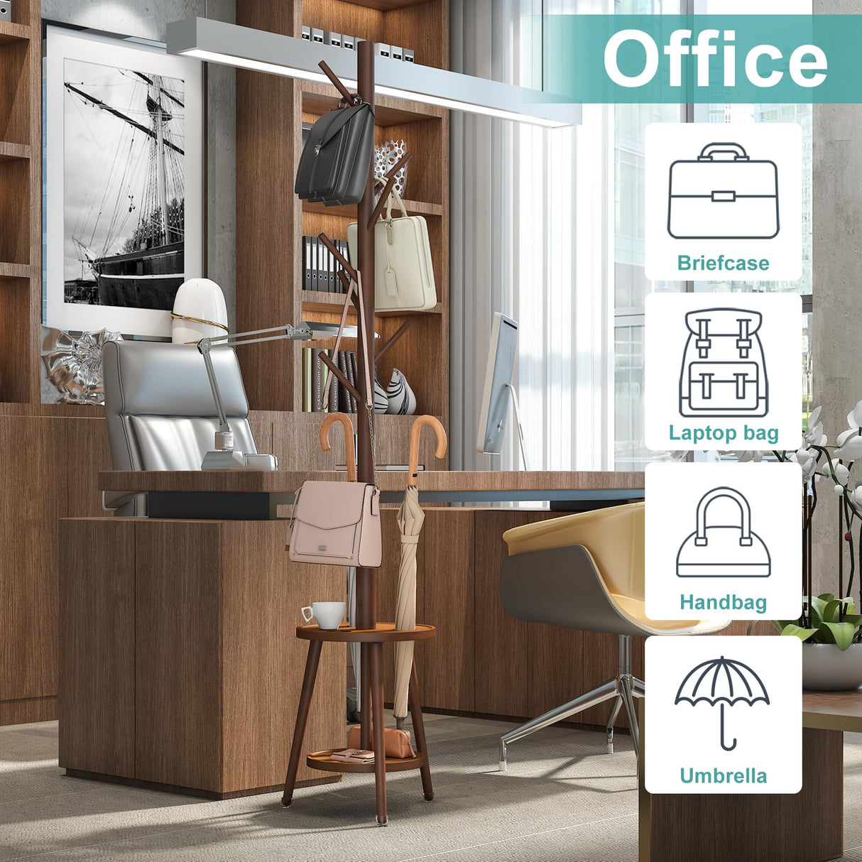 Vriccc Bamboo Wood Coat Rack, Coat Rack with Umbrella Holder, Adjustable Height Wooden Coat Stand with 8 Hooks, kids coat rack, Used In The Bedroom Living Room, Office To Hang Clothes, Hats, Bags Vriccc