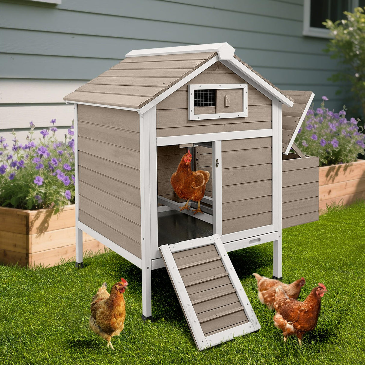 Magazoopet Large Chicken House Outdoor with 2 Nesting Box, Small Wood Chicken Coop Hen House with Removable Trays, Ramp, Outdoor Indoor Rabbit Hutch Poultry Cage (32" L x 23.6" W x 36.6" H) Magazoopet