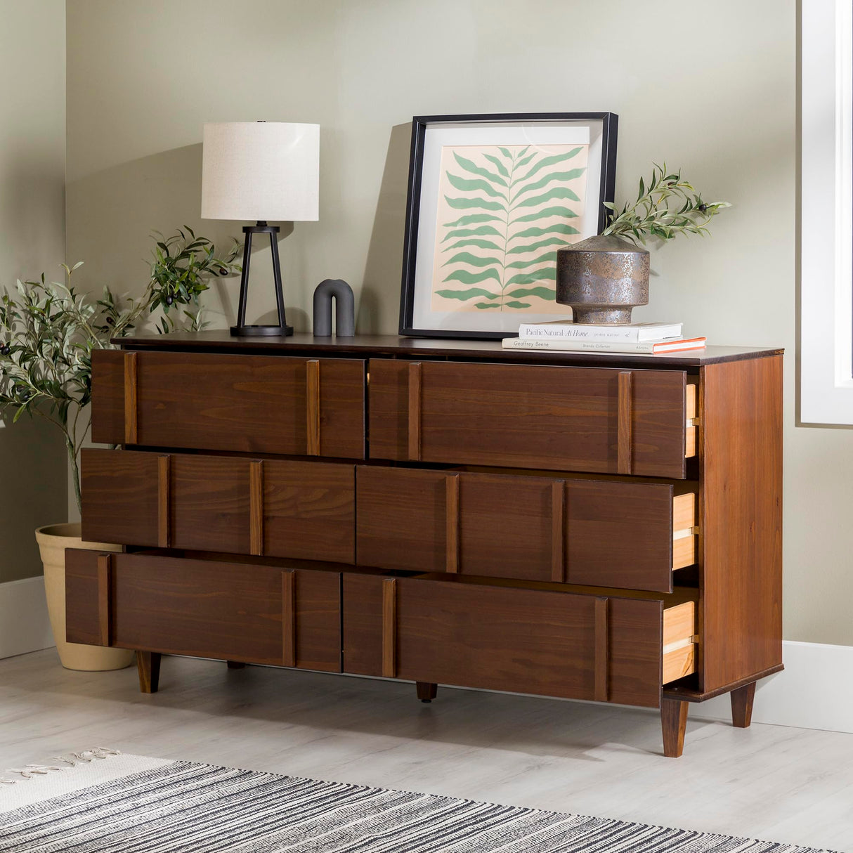 Walker Edison Contemporary Detailed 6-Drawer Solid Wood Dresser, 60 Inch, Walnut-T Walker Edison