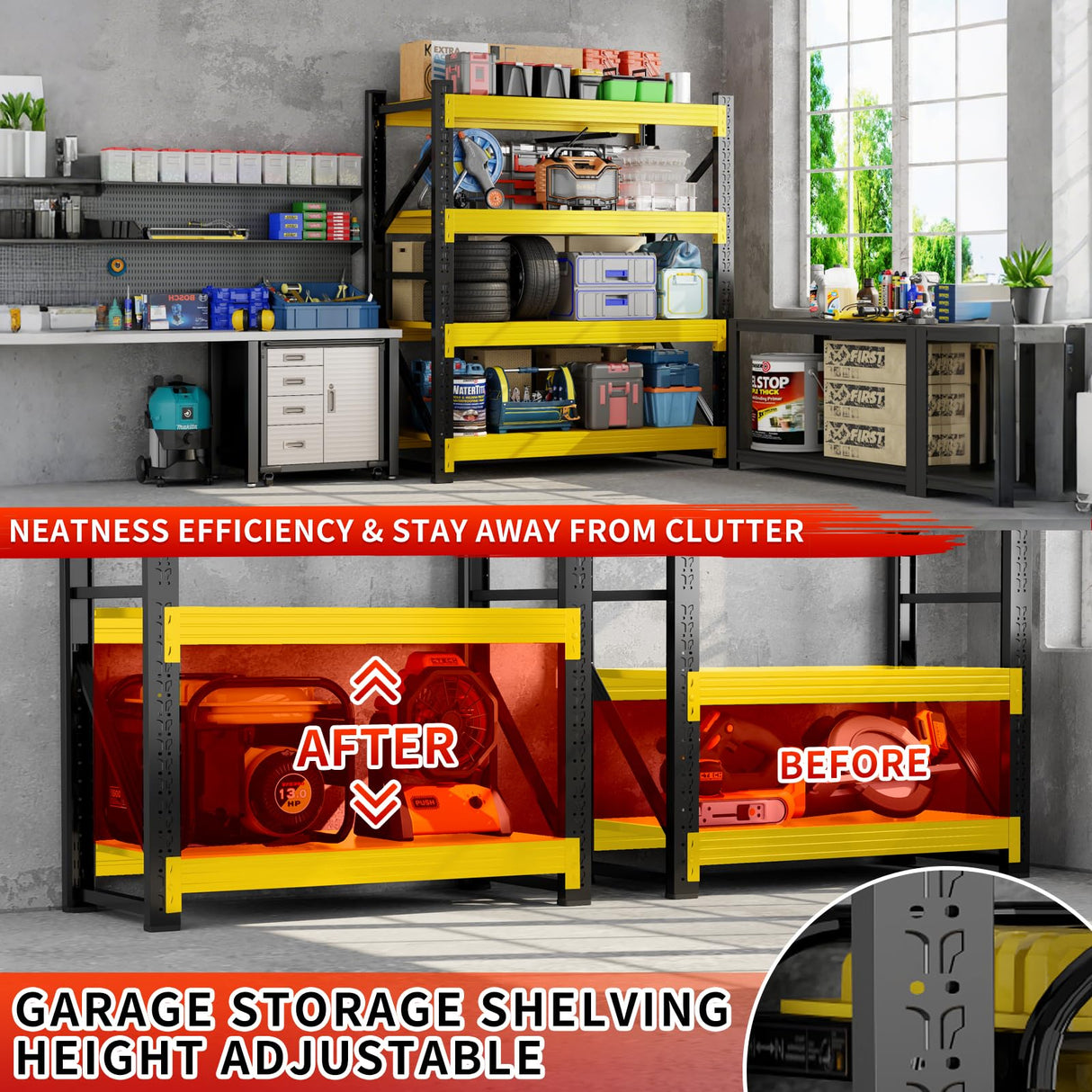 Kobito 5000LBS Garage Storage Shelves, 59" W Garage Shelving Heavy Duty Adjustable Shelving Unit, 4 Tier Metal Utitly Shelves Industrial Shelving for Warehouses,Basement,Black Yellow Kobito