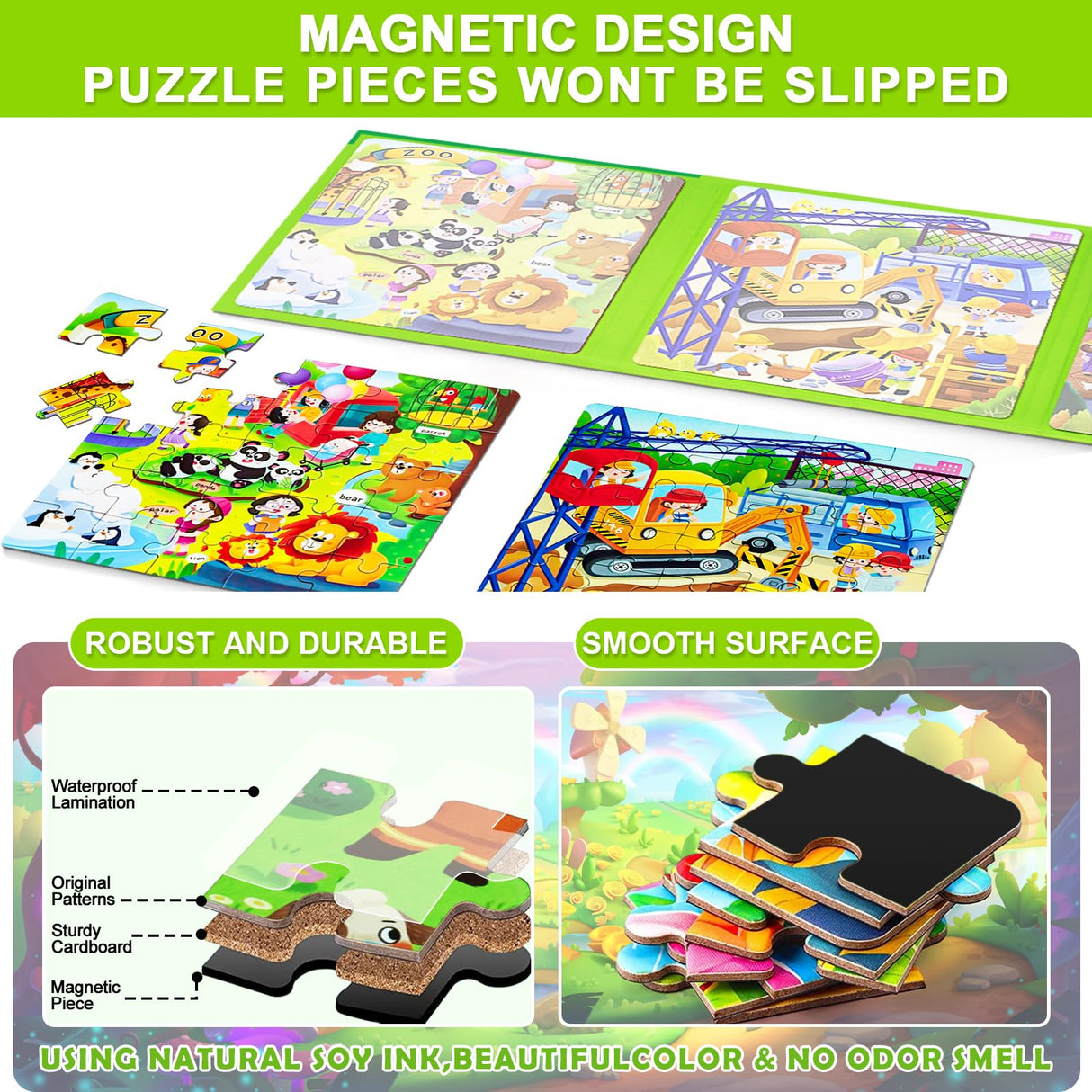 Magnetic Puzzles for Kids Ages 4-8, 3 in 1 Cartoon Jigsaw Puzzle Book, Kids Travel Puzzles Toys, Preschool Learning Toy for Kids 3-8 Year (Green Zoo) EREBADI