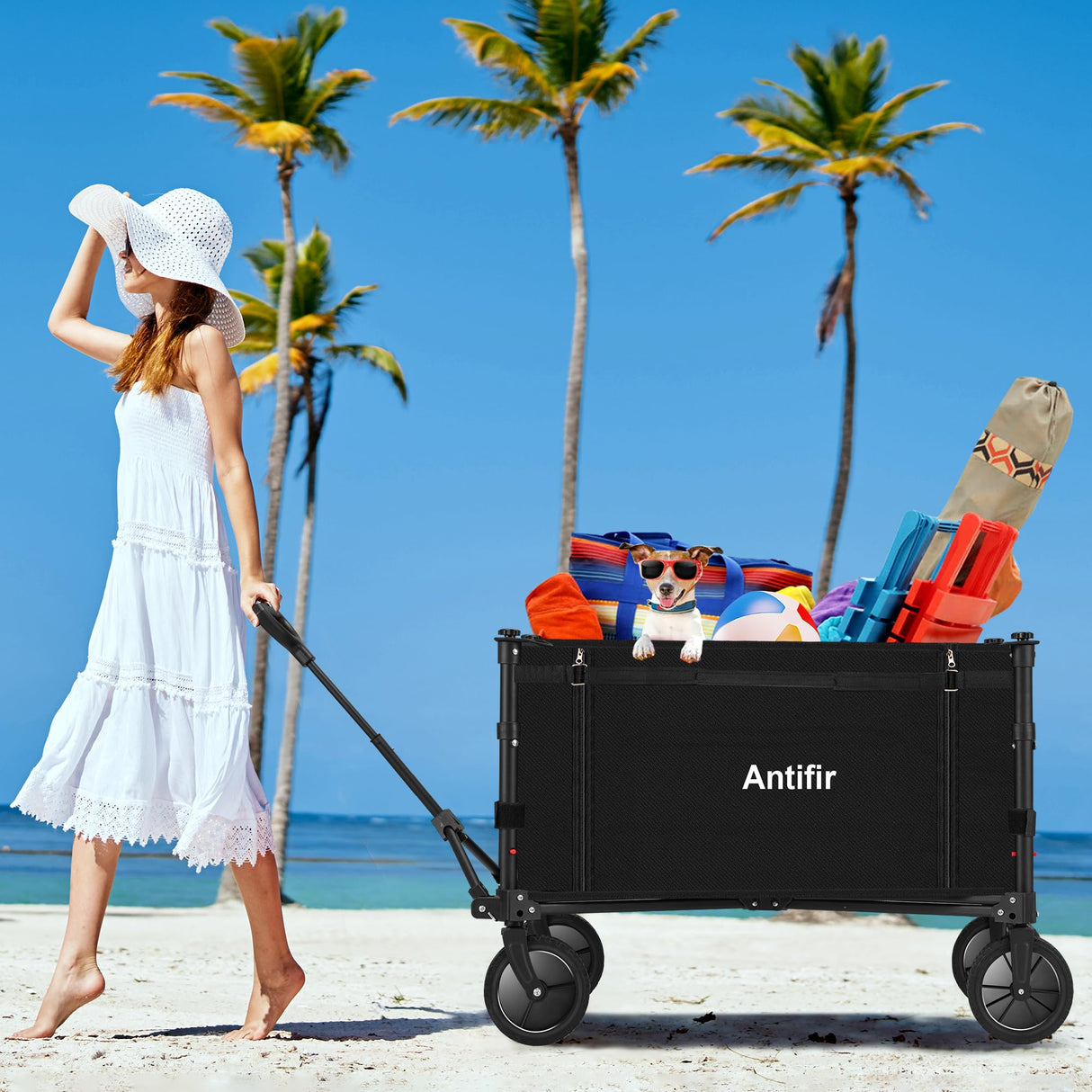 Antifir Collapsible Wagon with Large Capacity, Utility Wagons Carts Heavy Duty Foldable, Portable Folding Wagon with All-Terrain Wheels for Grocery Gardening Sports Shopping Fishing (Black) Antifir