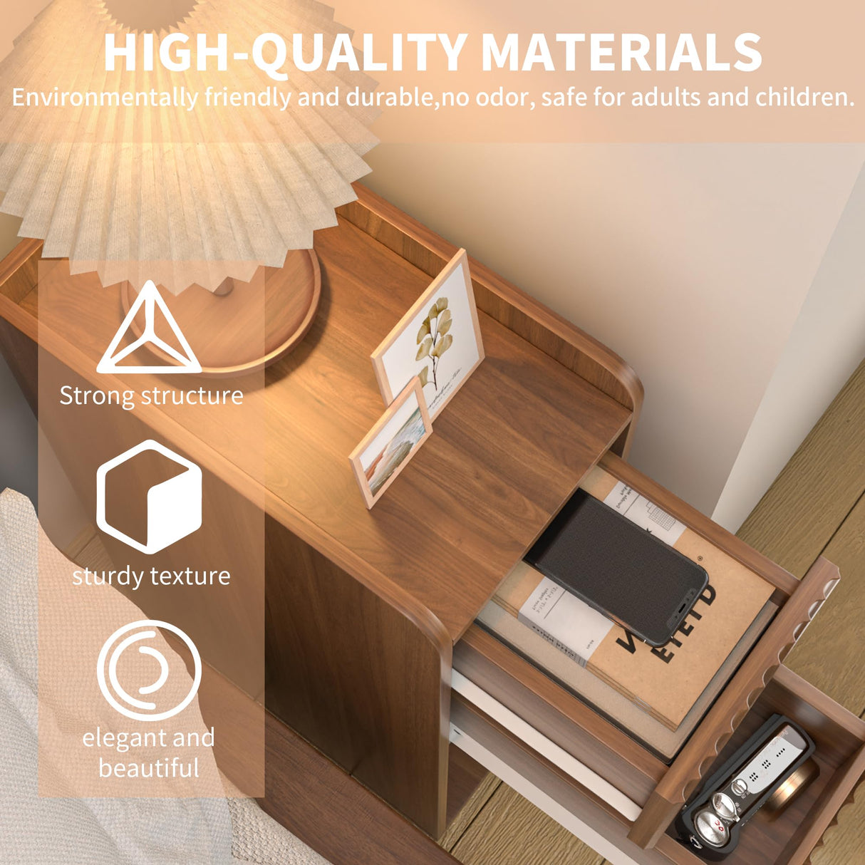 Narrow Fluted Nightstand Set of 2, Wooden Small 2 Drawer Nightstand, Slim Side End Table, Vintage Bedside Table, Mid Century Modern Night Stand with Drawers, for Living Room, Bedroom, Walnut Jluomei