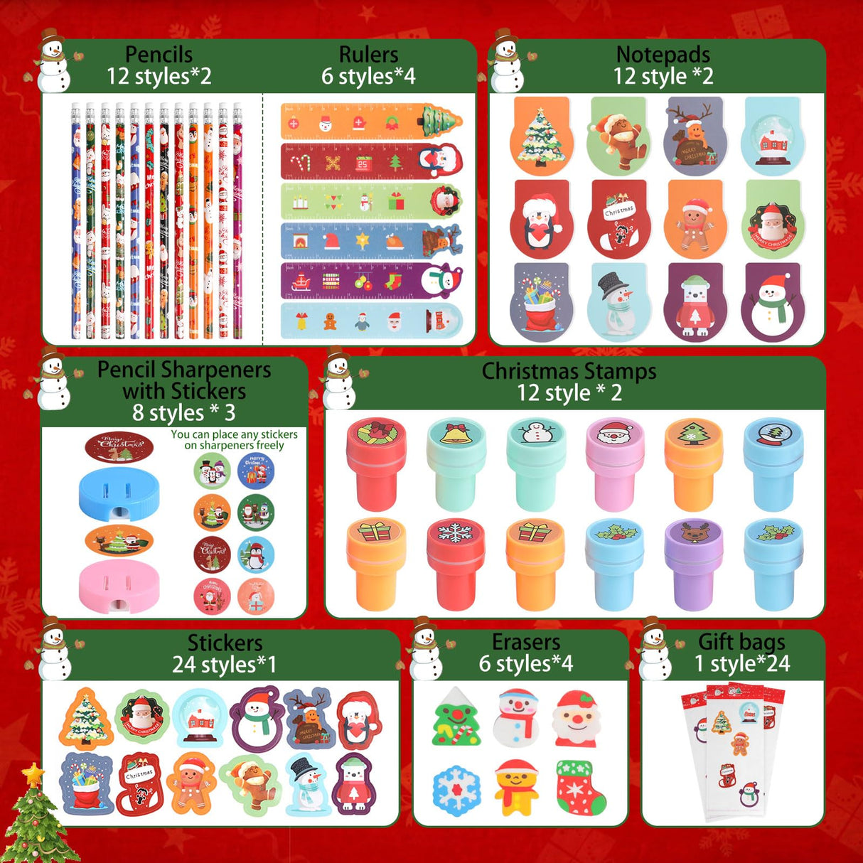 CCINEE 216 Pcs Christmas School Stationary Set for Kids,24 Sets Xmas Party Favors Bulk with Pencils Erasers Treat Bags Stickers for Christmas Goodie Bag Stuffers Gift Exchange Holiday Party Supplies CCINEE